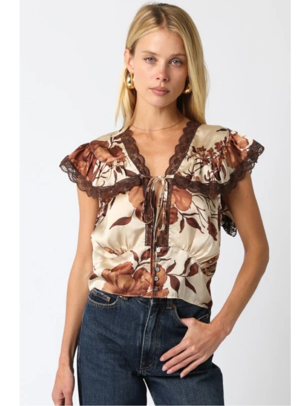Floral Tie-Front Lace-Trim Blouse - Cream & Brown
